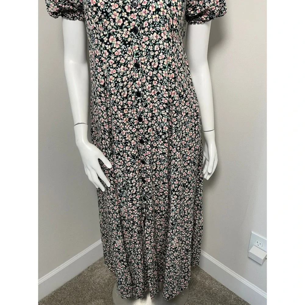 Free People Debbie-Jean Maxi Shirt Dress Black Pink Ditsy Floral Duster XS